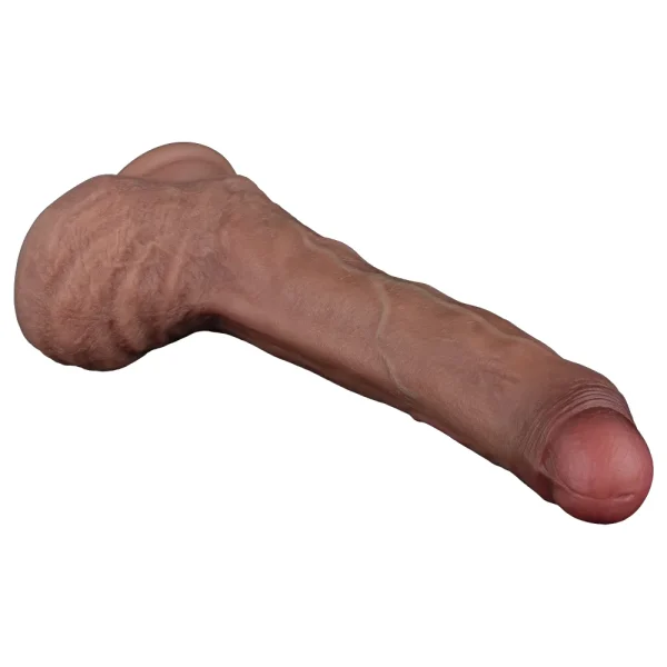 The Nature Cock 8.5 Inch Realistic Dual Layered Silicone Dildo, is shown on its side with the penis head pointing forward