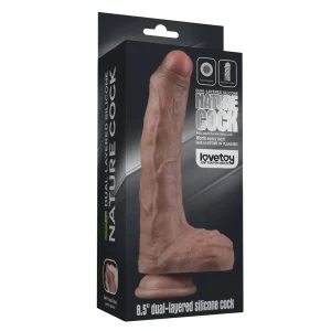 A box displays the Nature Cock 8.5 Inch Realistic Dual Layered Silicone Dildo with a lifelike design and suction base. The packaging highlights product details and branding.
