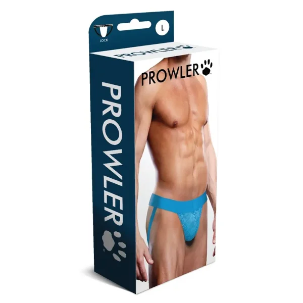 The Prowler Lace Jock Strap box features a model in the neon blue jockstrap with the brand name and logo prominently displayed. A size "L" label is positioned at the top left corner.
