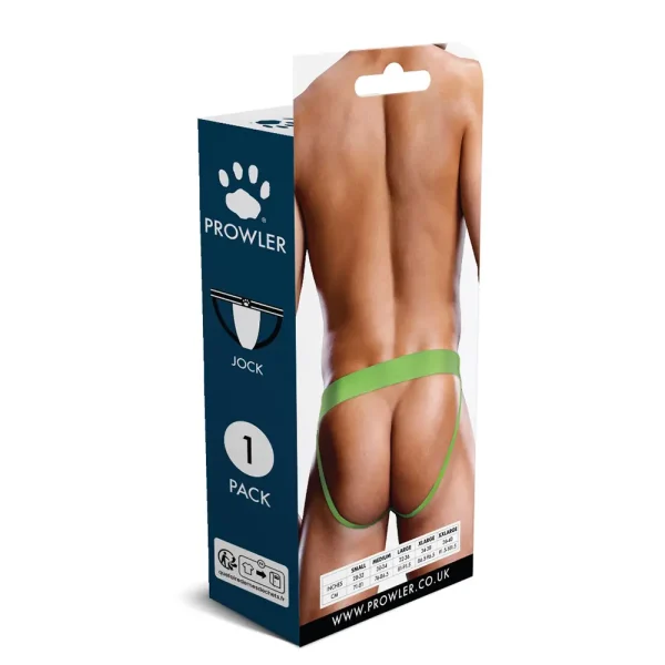 The packaging of the Prowler Lace Jock Strap showcases a rear image of someone wearing a jockstrap with a neon green waistband. The blue box features the Prowler logo, "Jock," and "1 Pack," along with the website URL.