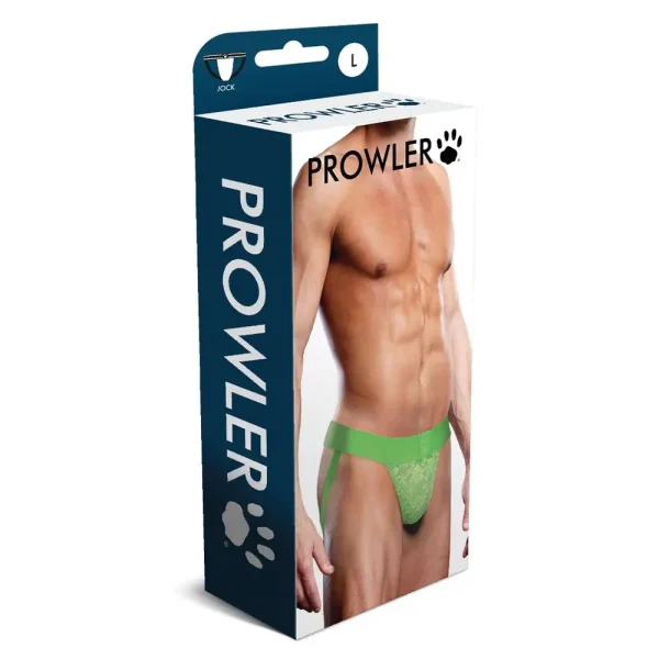 The packaging for the Prowler Lace Jock Strap in size large features an image of a muscular male torso wearing a neon green jockstrap, with the brand name and paw print logo prominently displayed.