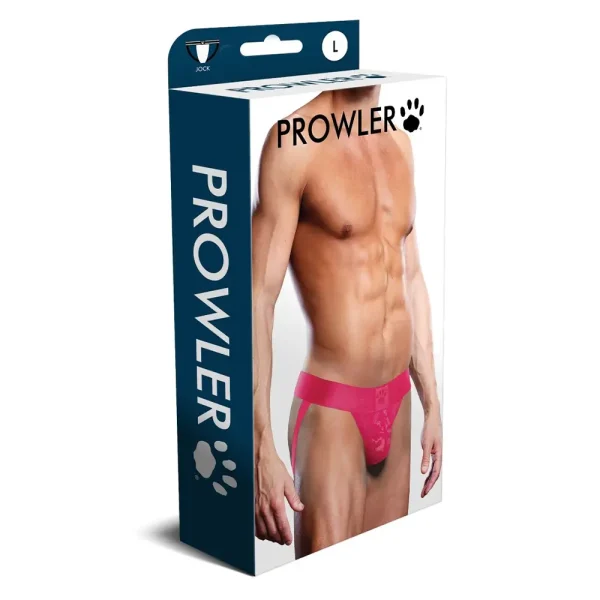 The Prowler Lace Jock Strap package shows a man in a pink jockstrap on its mainly white box with blue sides, displaying "Prowler" and a paw print. The size "L" is marked in the top right corner.