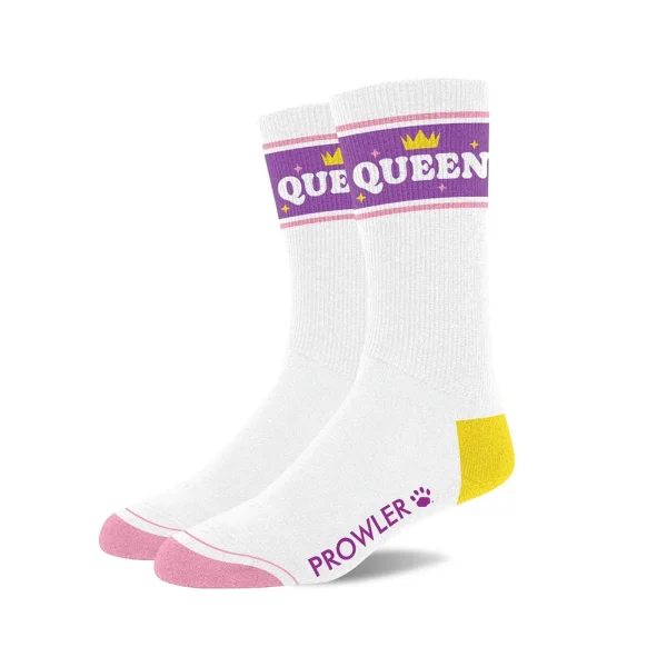 The Prowler Queen Socks are white with pink toes, yellow heels, and feature a purple band near the top that displays "QUEEN" in bold white letters with a crown graphic. "PROWLER" and a paw print appear on the foot area.