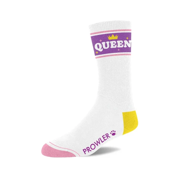 The Prowler Queen Socks are white with a yellow heel and pink toe. They feature a purple band near the top with "QUEEN" and a crown, while the side displays "PROWLER" alongside a paw print.
