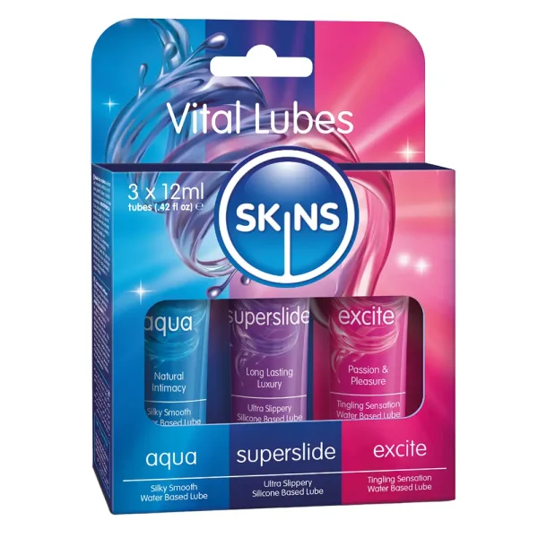 The Skins Assorted Vital Lubes Sampler Pack includes three 12ml tubes (aqua, superslide, excite) in a colorful package with blue, purple, and pink accents, each formulated for different sensations and uses.