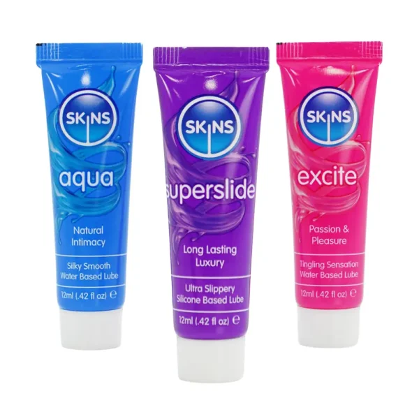 The Skins Assorted Vital Lubes Sampler Pack includes three tubes, Aqua (blue), Superslide (purple), and Excite (pink), each with unique features highlighted on the packaging.