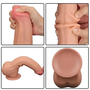 The Sliding Skin King Sized 11.5 inch Dual Layer Dildo is shown in four panels: being squeezed, twisted, bent, and with its strong suction cup base on display.