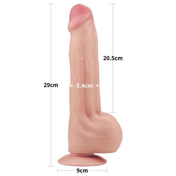 The Sliding Skin King Sized 11.5 inch Dual Layer Dildo is shown upright, measuring 29 cm tall, 9 cm wide at the base, 5.4 cm wide at the shaft, and 20.5 cm from tip to base along the shaft.
