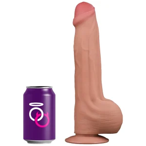 The Sliding Skin King Sized 11.5 inch Dual Layer Dildo, featuring a lifelike look with detailed veins and head, stands upright on a suction base beside a purple soda can for size comparison.