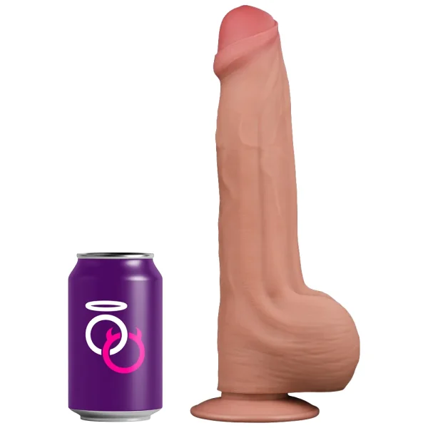 The Sliding Skin King Sized 11.5 inch Dual Layer Dildo, featuring a lifelike look with detailed veins and head, stands upright on a suction base beside a purple soda can for size comparison.