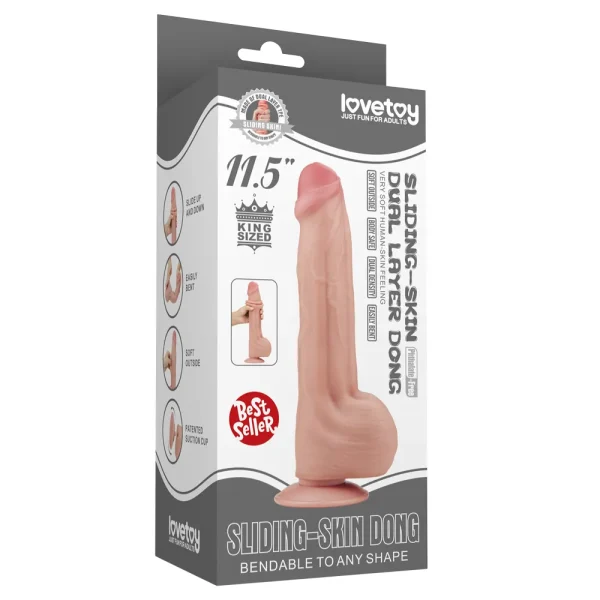 The image shows retail packaging for the Sliding Skin King Sized 11.5 inch Dual Layer Dildo, featuring bold images and text that highlight its 11.5-inch size, bendability, suction base, and realistic design.