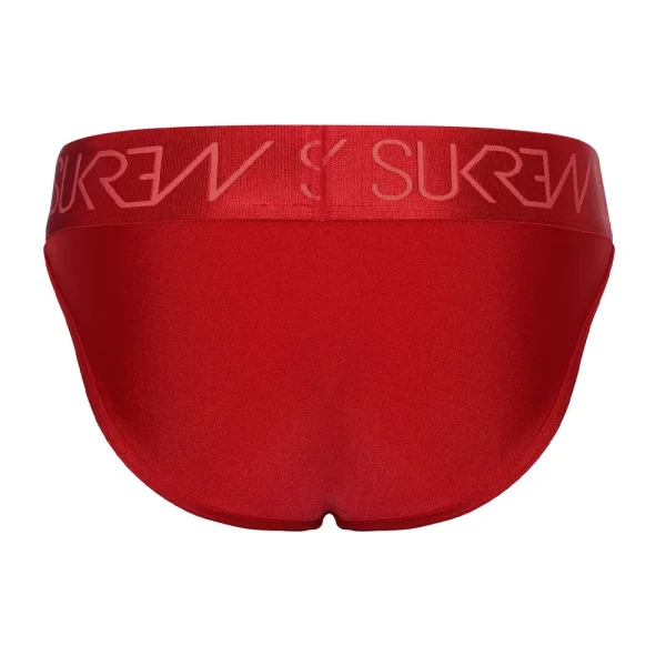 The Sukrew Liberty Red Classic Brief features a wide elastic waistband with "SUKREW" in light red lettering. Photographed from the back against a white background.
