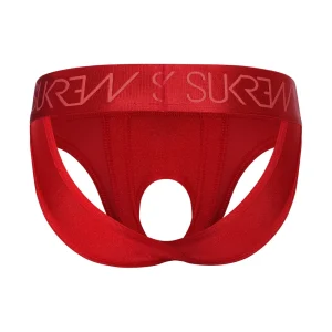 The Sukrew Liberty Red U-Style V Brief is men's underwear in red with a bold "SUKREW" waistband, back lifting straps, shown on a white background.