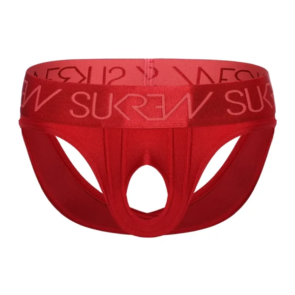 The Sukrew Liberty Red U-Style V Brief is men’s underwear in bright red, featuring a bold SUKREW waistband, a front cut-out design, and smooth, stretchy fabric for a comfortable fit.