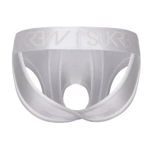 The Sukrew White Shimmer U-Style V Brief is a white metallic men’s brief with bum supporting straps and open back, and an elastic waistband with embossed lettering.