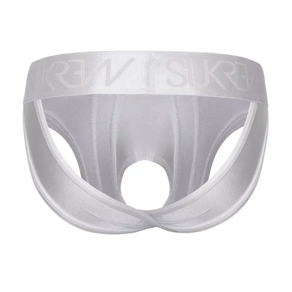 The Sukrew White Shimmer U-Style V Brief is a white metallic men’s brief with bum supporting straps and open back, and an elastic waistband with embossed lettering.