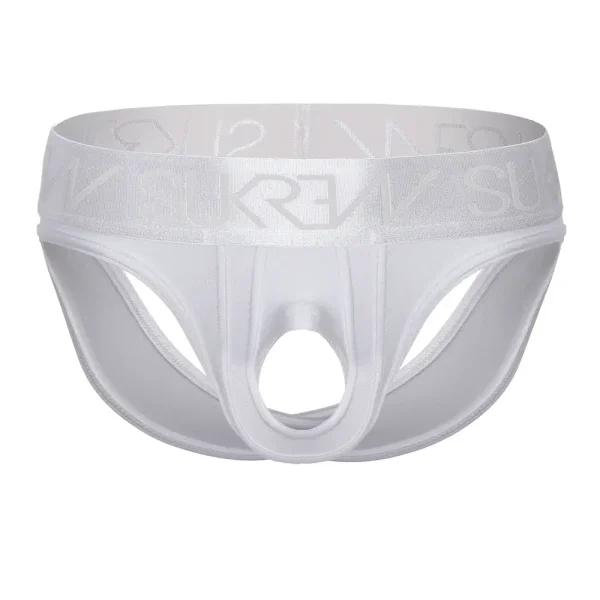 The Sukrew White Shimmer U-Style V Brief features a wide waistband with "SUKREW" branding in bold letters and a front circular cutout, offering a modern, minimalistic design for men.