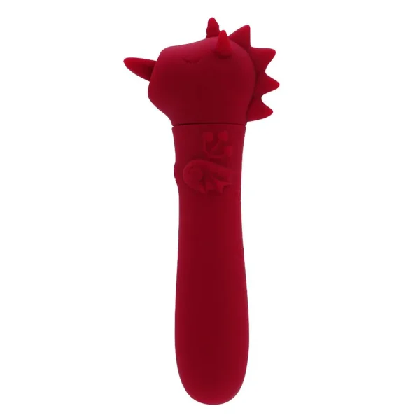A Unihorn USB Blaze Diablo Unicorn Bullet Vibrator with a red, unicorn-themed design, featuring a smooth cylindrical shaft and unicorn head at the top adorned with small spikes.