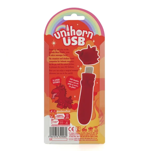 The Unihorn USB Blaze Diablo Unicorn Bullet Vibrator packaging showcases a vibrant, unicorn-shaped device. With colorful graphics and a rainbow at the top, it emphasises features like "10 speed settings" alongside playful unicorn illustrations.