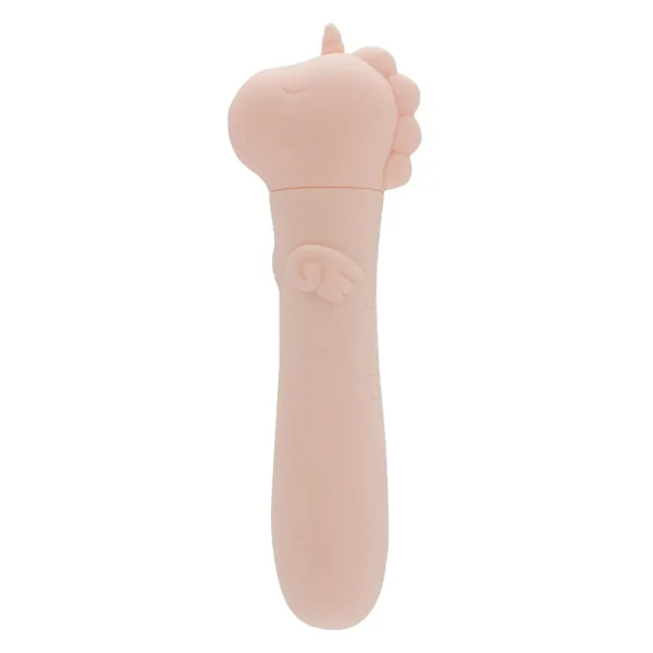 The Unihorn USB Heart Throb Unicorn Bullet Vibrator is a pink, unicorn-themed vibrating massager featuring a smooth shaft and detailed with a unicorn face, small horn, mane accents, and wing shapes on the sides.
