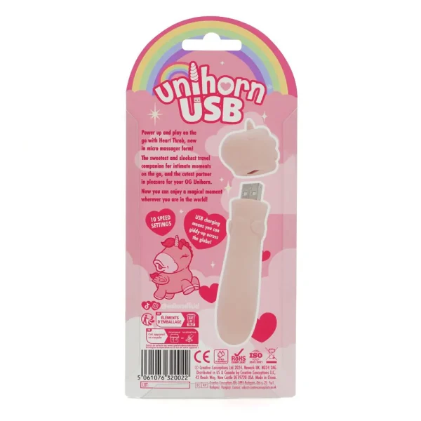 The packaging for the "Unihorn USB Heart Throb Unicorn Bullet Vibrator" features playful design elements including text, a rainbow graphic, and a pink unicorn cartoon. The back displays product details, logos, and safety certifications.