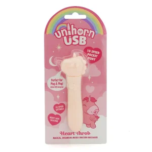 The packaging of the Unihorn USB Heart Throb Unicorn Bullet Vibrator is pink with colourful graphics and features a rainbow design. It highlights "10 speed settings," "body safe silicone," and is described as "Perfect for Plug & Play.