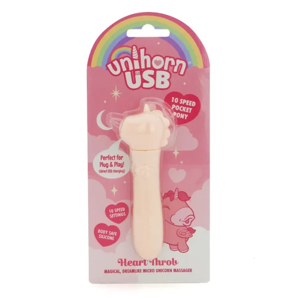 The packaging of the Unihorn USB Heart Throb Unicorn Bullet Vibrator is pink with colourful graphics and features a rainbow design. It highlights "10 speed settings," "body safe silicone," and is described as "Perfect for Plug & Play.