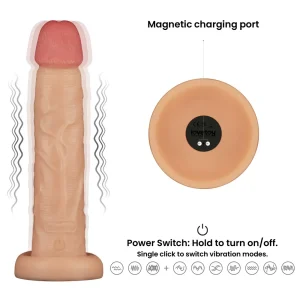 The Power Basics 10 Inch Realistic Vibrating Dildo features a flesh tone, pink head, and shows vibration in action. A close-up highlights its magnetic charging port and power switch, with icons displaying multiple vibration modes.