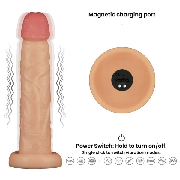The Power Basics 10 Inch Realistic Vibrating Dildo features a flesh tone, pink head, and shows vibration in action. A close-up highlights its magnetic charging port and power switch, with icons displaying multiple vibration modes.
