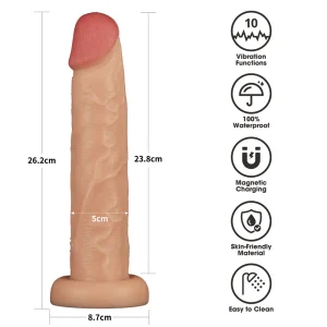 The Power Basics 10 Inch Realistic Vibrating Dildo features a flesh-tone design, measures 26.2 cm high, 5 cm wide, and has an 8.7 cm base. It offers 10 vibration modes, is waterproof, skin-friendly, easily cleaned, and uses magnetic charging.