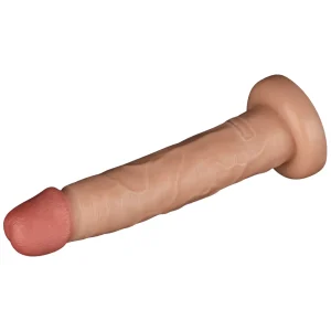 The Power Basics 10 Inch Realistic Vibrating Dildo features a lifelike, flesh-toned design with a pronounced head, veined texture, and is led on its side.