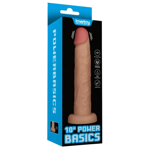 Rectangular retail packaging in blue and black displays the "Power Basics 10 Inch Realistic Vibrating Dildo" with a lifelike, flesh-toned design and listed features on the front.
