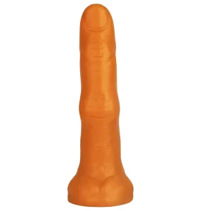 The Midas Touch Gold Finger Silicone Dildo features a realistic texture, rounded tip, and flared base. The gold-coloured toy stands upright against a white background.