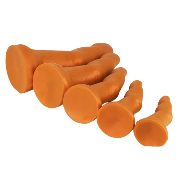 Five Midas Touch Gold Finger Silicone Dildos in various sizes are lined up side by side showing the suction cup bases on a plain white background.