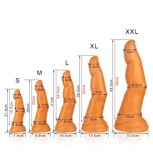 Five Midas Touch Gold Finger Silicone Dildos, ranging in sizes S to XXL with measurement labels in centimeters for height and width, are arranged from smallest to largest against a white background.