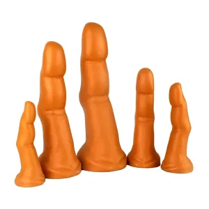 Five Midas Touch Gold Finger Silicone Dildos, gold and finger-shaped with defined segments and rounded tips, stand upright in a row against a plain white background.