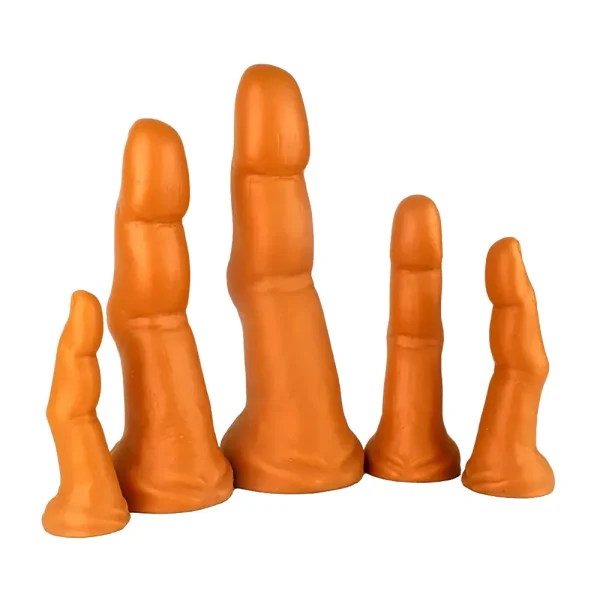 Five Midas Touch Gold Finger Silicone Dildos, gold and finger-shaped with defined segments and rounded tips, stand upright in a row against a plain white background.