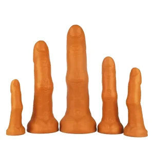Five Midas Touch Gold Finger Silicone Dildos, shaped like fingers in various sizes, stand upright in a row against a white background.