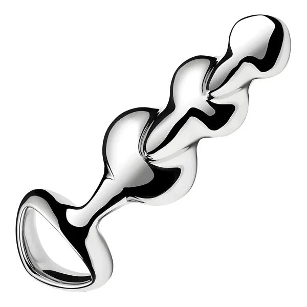 A stainless steel Beaded Disco Thruster Dildo with a shiny, curved design, beaded details, and a looped handle is pictured on a white background.