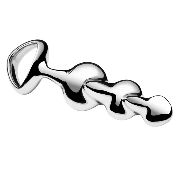 The Stainless Steel Beaded Disco Thruster Dildo features a smooth, reflective surface, curved beaded design, and an ergonomic large looped handle for easy use.