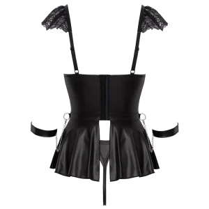 Back hollow view of the Cottelli Bondage Babydoll Set with Handcuffs features black faux leather, silver chains, a flared skirt, back straps with a central opening, and a matching thong bottom.