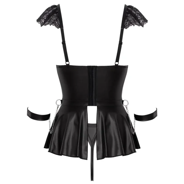 Back hollow view of the Cottelli Bondage Babydoll Set with Handcuffs features black faux leather, silver chains, a flared skirt, back straps with a central opening, and a matching thong bottom.