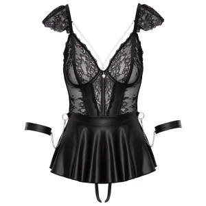 A hollow front view of the Cottelli Bondage Babydoll Set with Handcuffs features black lace and faux leather, cap sleeves, chain accents, a fitted bodice, flared skirt, garter straps, and sheer lace panels combined with glossy leather-like fabric.