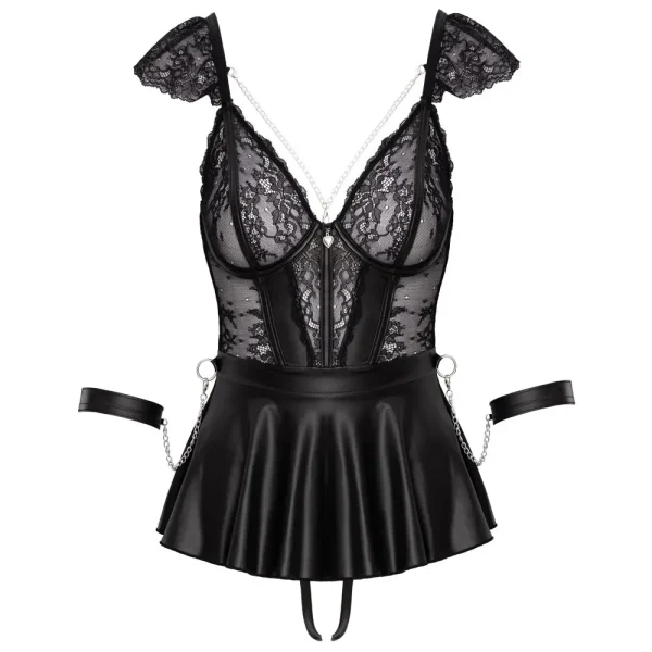 A hollow front view of the Cottelli Bondage Babydoll Set with Handcuffs features black lace and faux leather, cap sleeves, chain accents, a fitted bodice, flared skirt, garter straps, and sheer lace panels combined with glossy leather-like fabric.