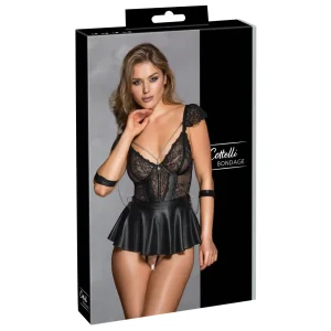 The Cottelli Bondage Babydoll Set with Handcuffs comes in a box featuring a model in black lace and faux leather lingerie, accessorised with handcuffs and chains. The packaging displays the Cottelli Bondage brand.