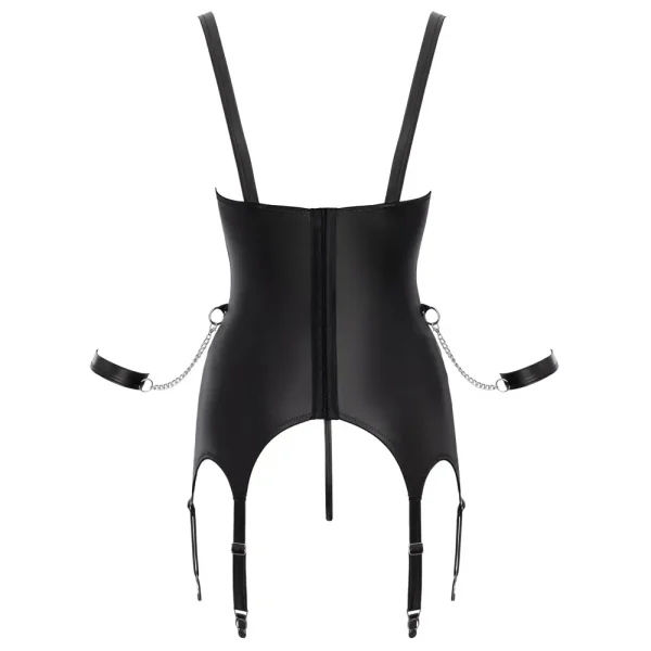 Back hollow view of the Cottelli Bondage Wet Look Open Cup Basque Set is a black faux leather lingerie piece featuring shoulder straps, garter straps, a hook and eye back, and two side restraint attachments connected by silver chains.