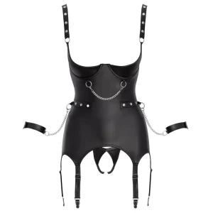 Hollow front view of the Cottelli Bondage Wet Look Open Cup Basque Set features black faux leather wet look, metal chains, open bust, adjustable straps, attached garter belts, and wrist cuffs, shown against a white background.
