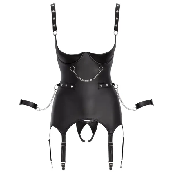 Hollow front view of the Cottelli Bondage Wet Look Open Cup Basque Set features black faux leather wet look, metal chains, open bust, adjustable straps, attached garter belts, and wrist cuffs, shown against a white background.
