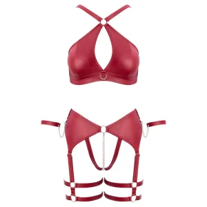 The Cottelli Bondage Wireless Bra & Crotchless Suspender Thong Set is shown from the front hollow.