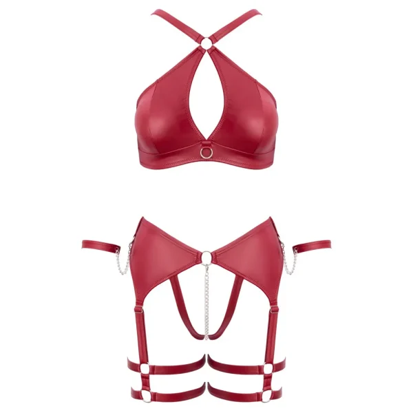 The Cottelli Bondage Wireless Bra & Crotchless Suspender Thong Set is shown from the front hollow.